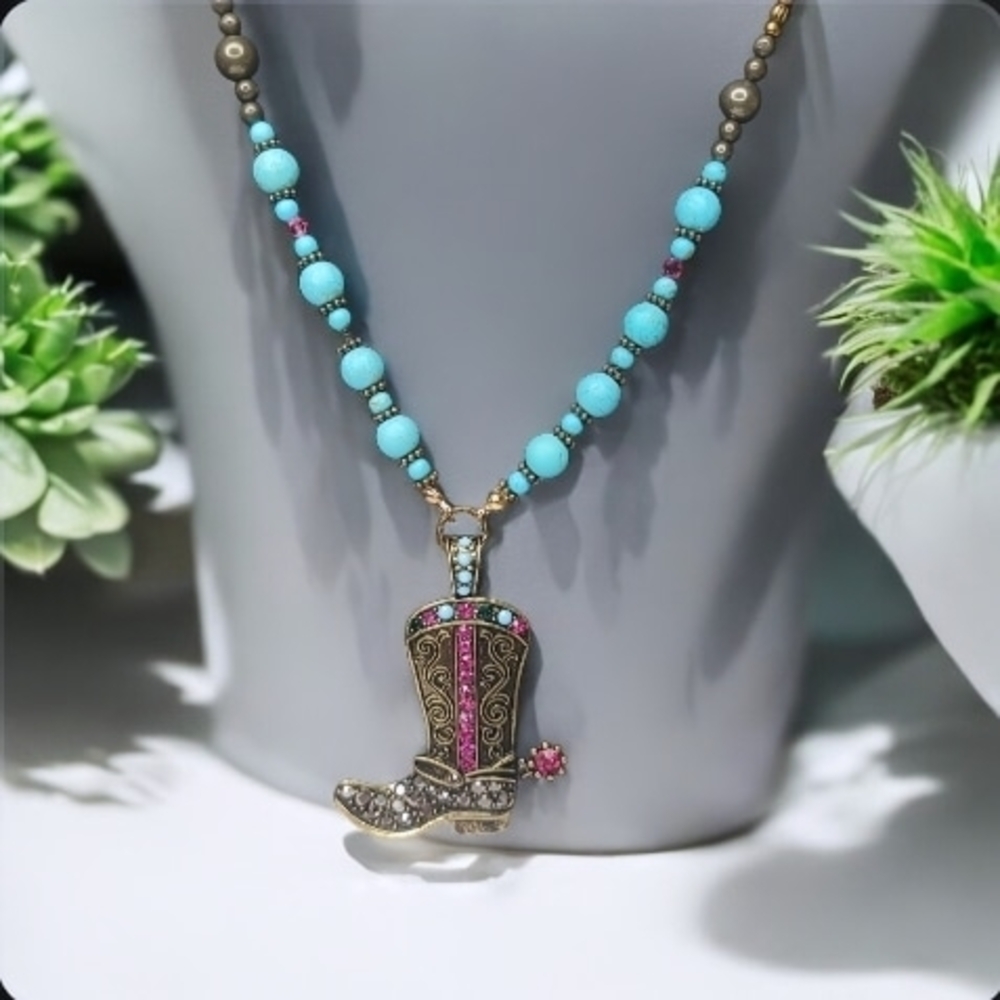 Western Boot Pendant Necklace with Turquoise Beads